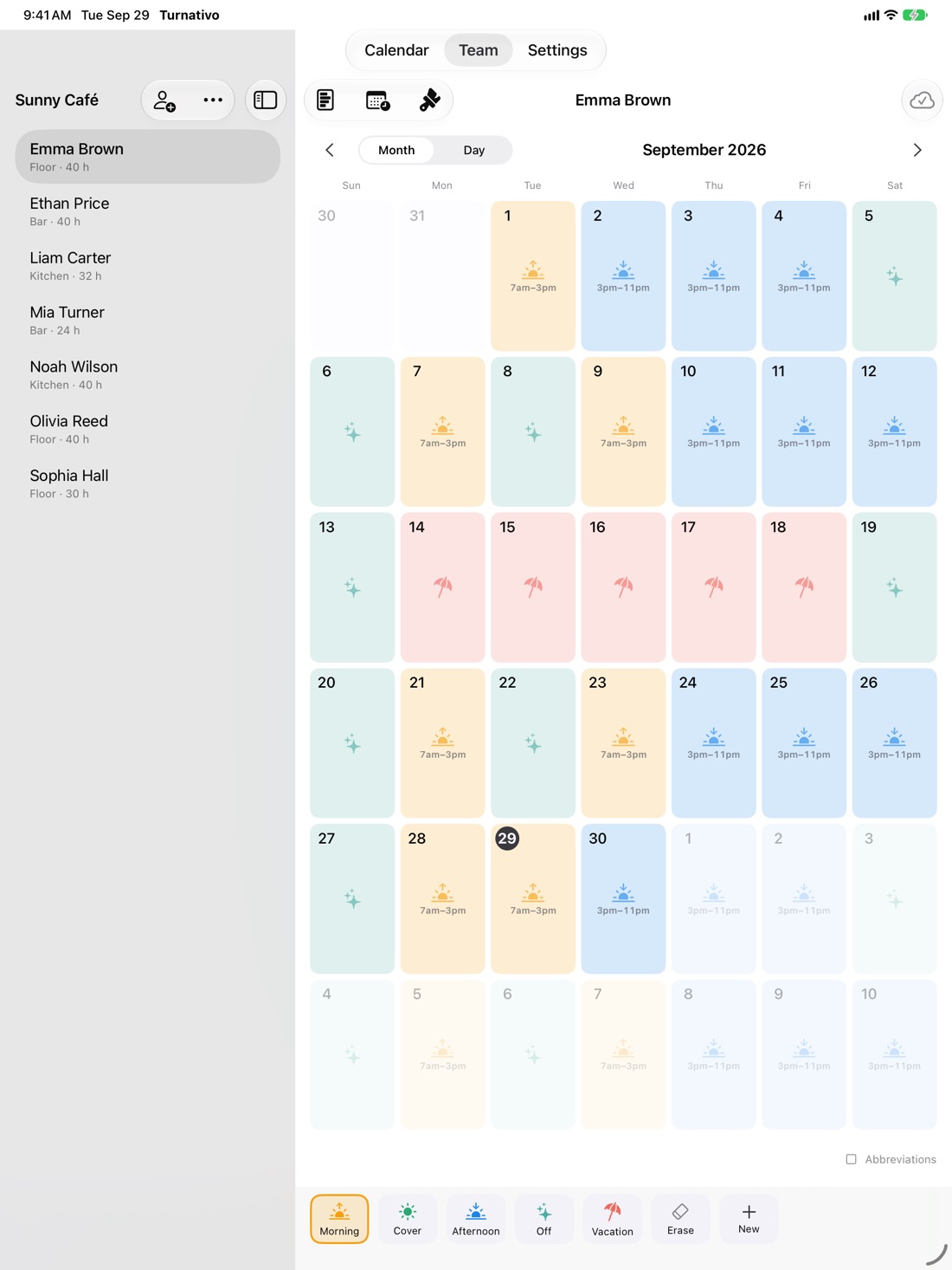 Painting Emma’s month on iPad: each day with its shift icon and the Morning, Afternoon, Off and Vacation palette below