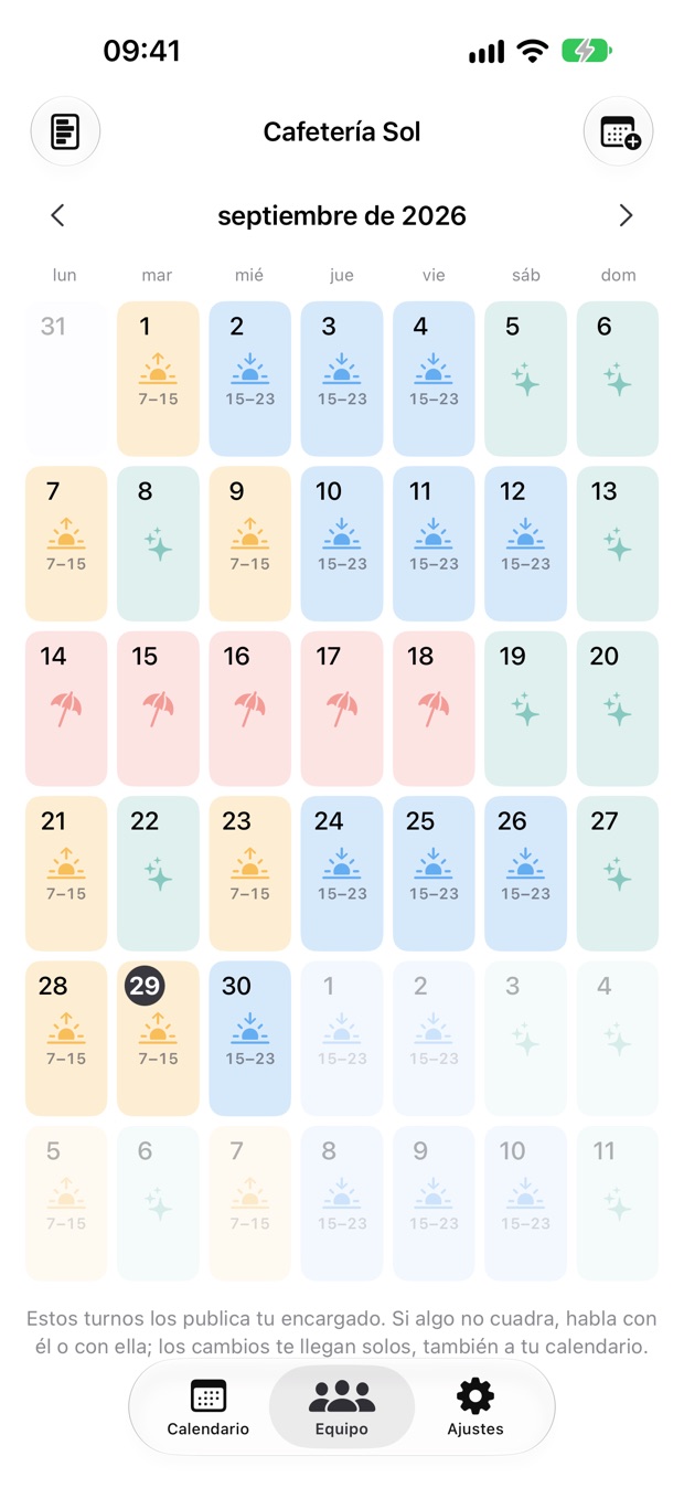Mi horario de Ana en la app de Turnativo: su mes con turnos de mañana, de tarde, días libres y una semana de vacaciones