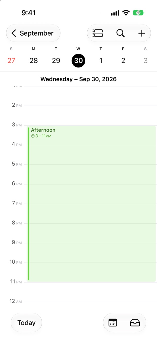 The Afternoon shift from 3 to 11 pm on Wednesday the 30th in Apple Calendar