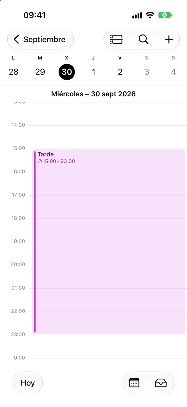 El turno Tarde de 15:00 a 23:00 del miércoles 30 en el Calendario de Apple