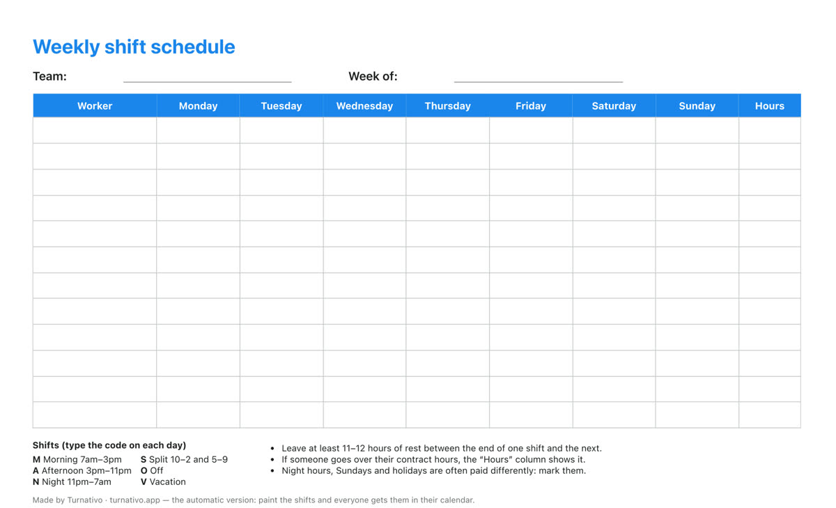 Weekly shift schedule template: one row per worker, the seven days of the week, the hours column and the shift legend (morning, afternoon, night, split, off and vacation)